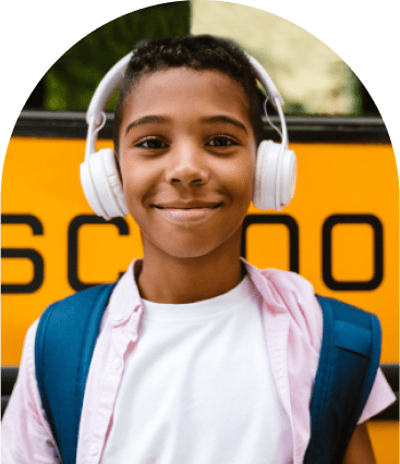 Inset photo of child with headphones on and smiling